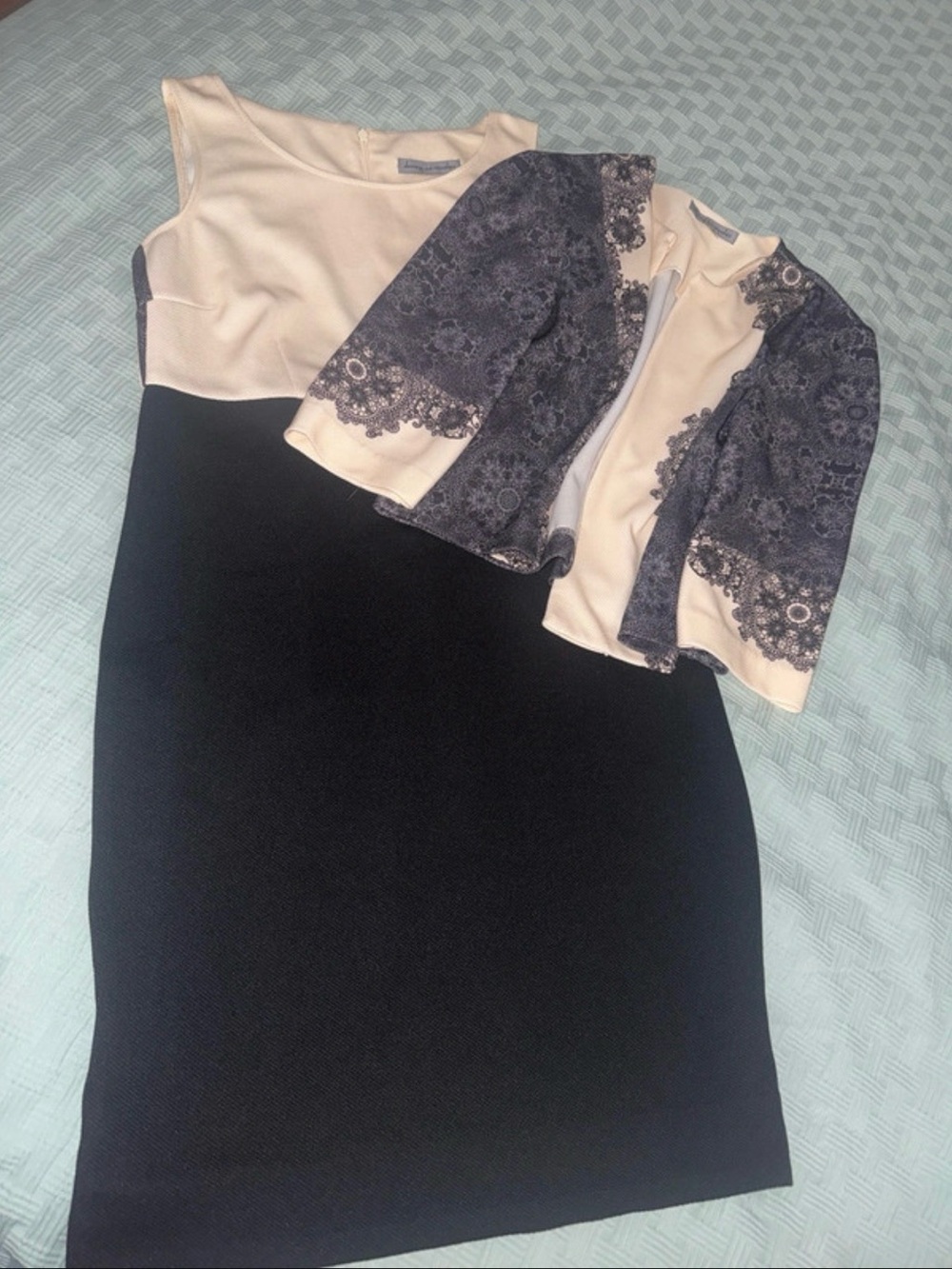Danny & Nicole Black and Cream Sheath Dress with Lace-Trim Jacket